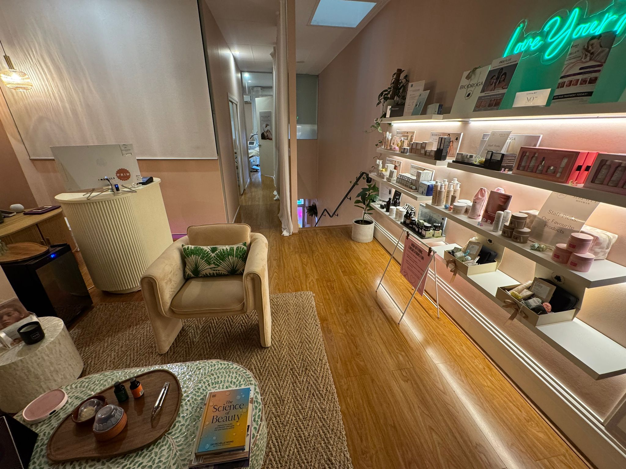 Beauty salon product shelves